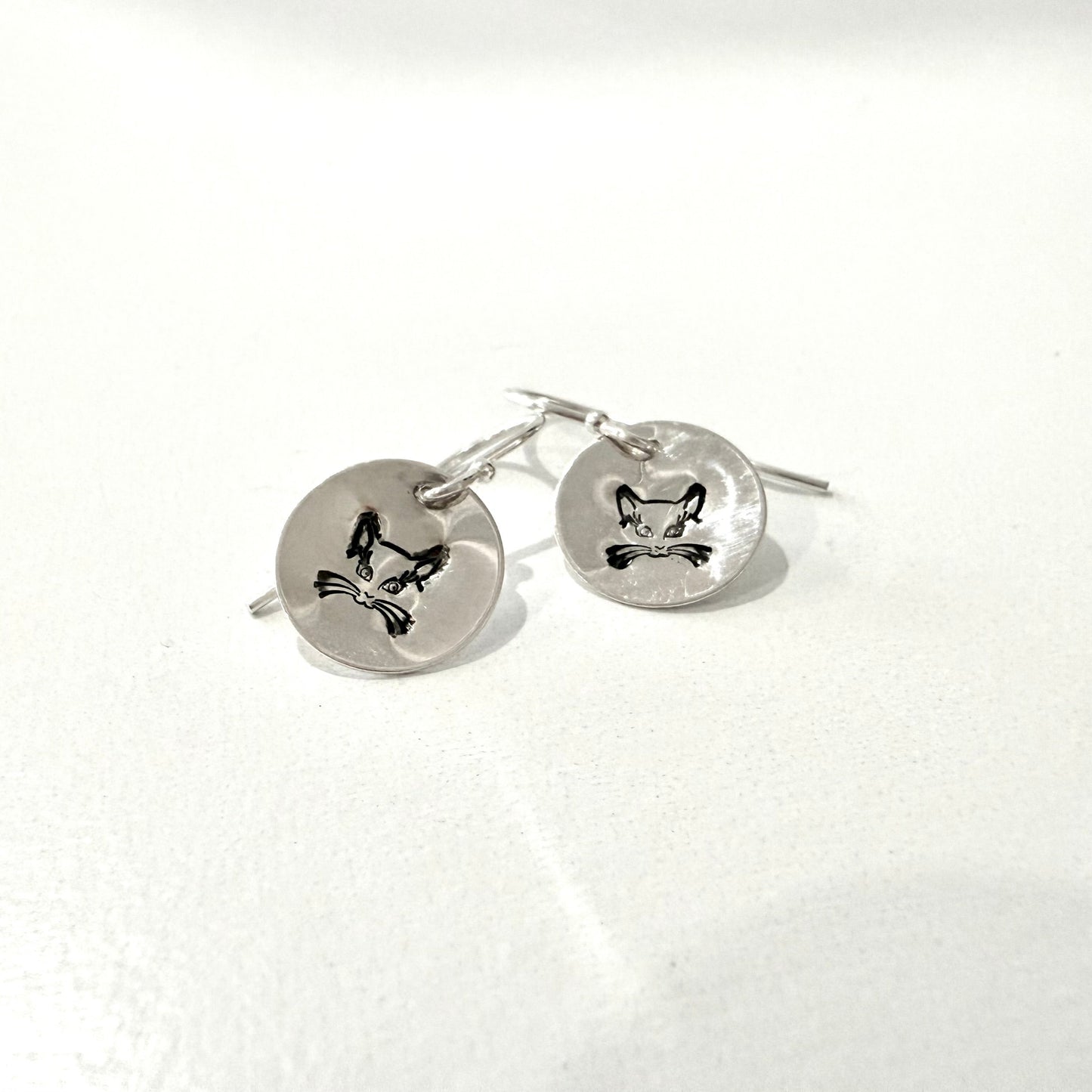 Fancy Cat Face on Sterling Silver Circle Earrings