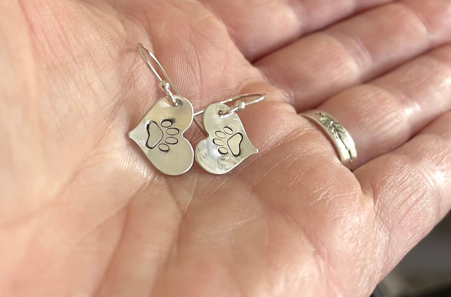 Paw Prints on Silver Circle or Heart Dangle Earrings