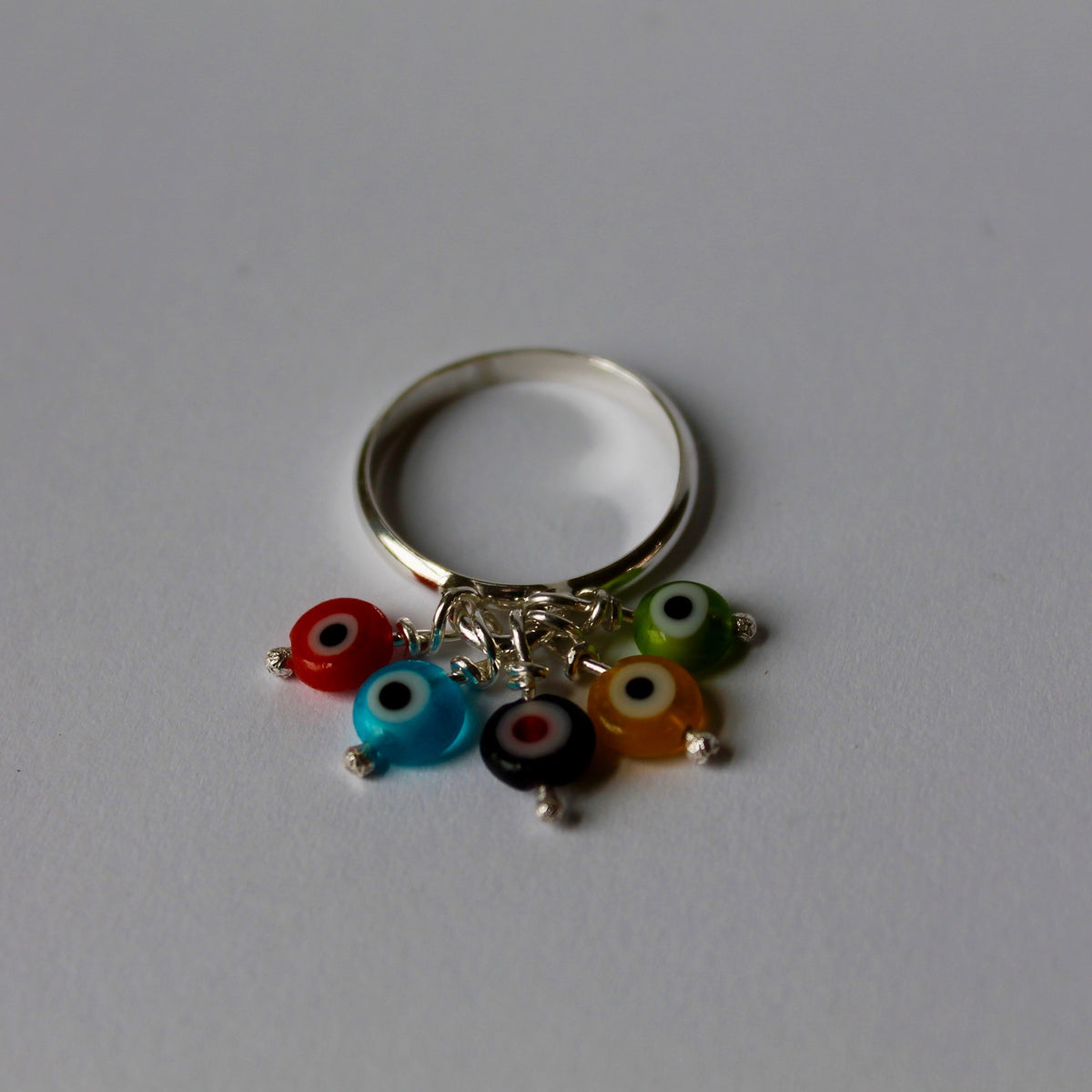 Evil Eyes Dangle Ring - Protection Amulet - Blue Evil Eyes - Multi - Rainbow- Red - White - Black - Sterling Silver