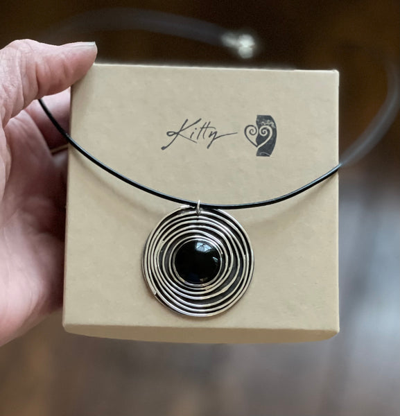 Large Black Onyx sterling silver Circle pendant. Good energy Swirl of Silver Wire around stone Necklace.