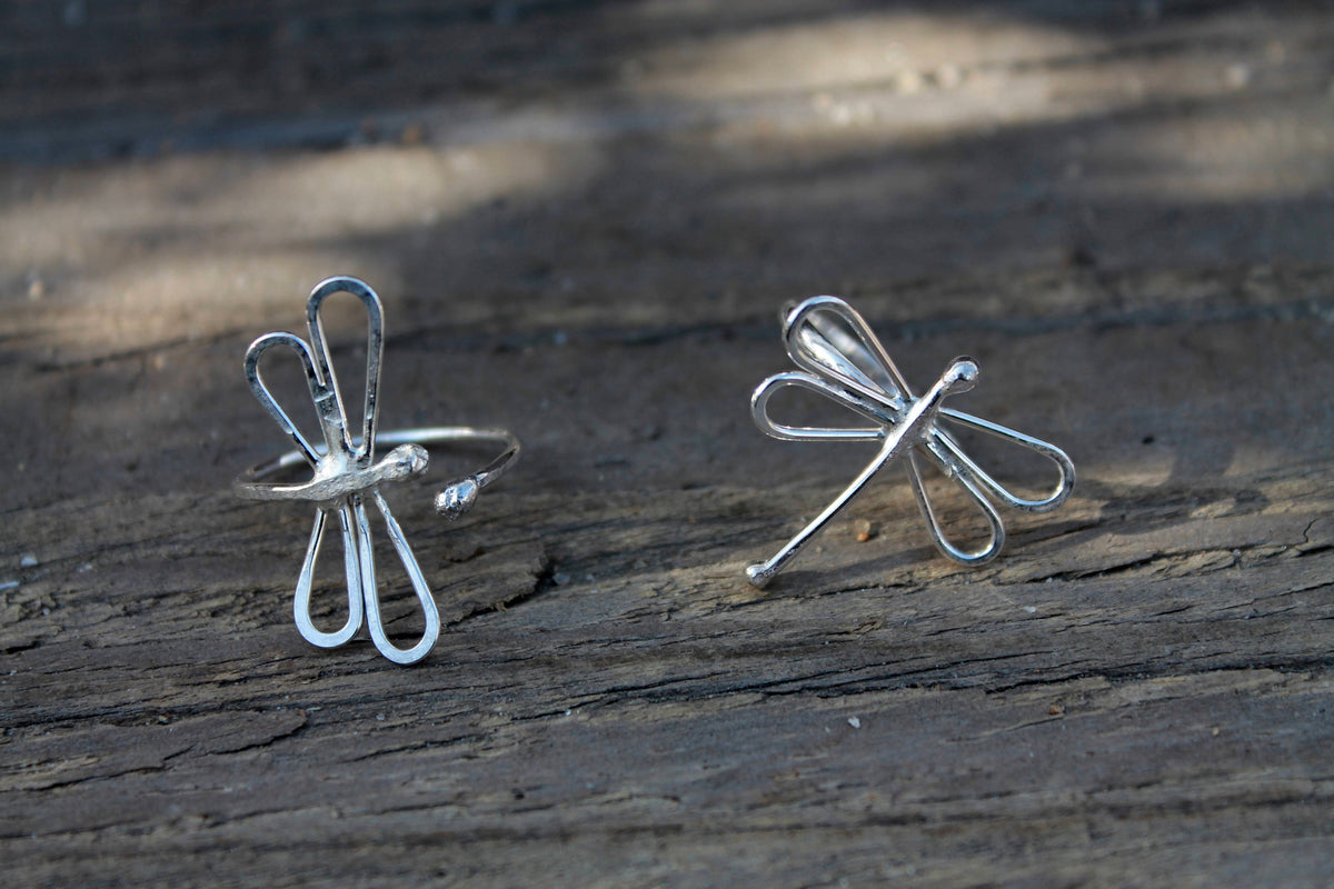 Dragonfly Ring in Sterling Silver, Adjustable Wrap or Landed Style