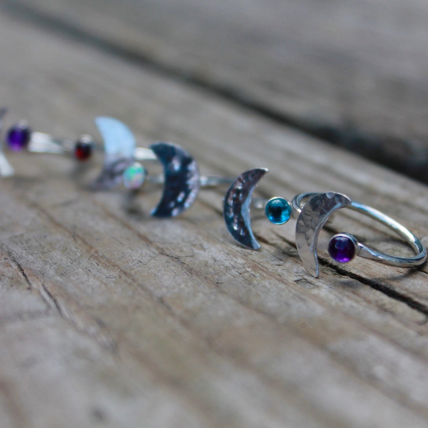 Moon Ring with Stone in Silver adjustable