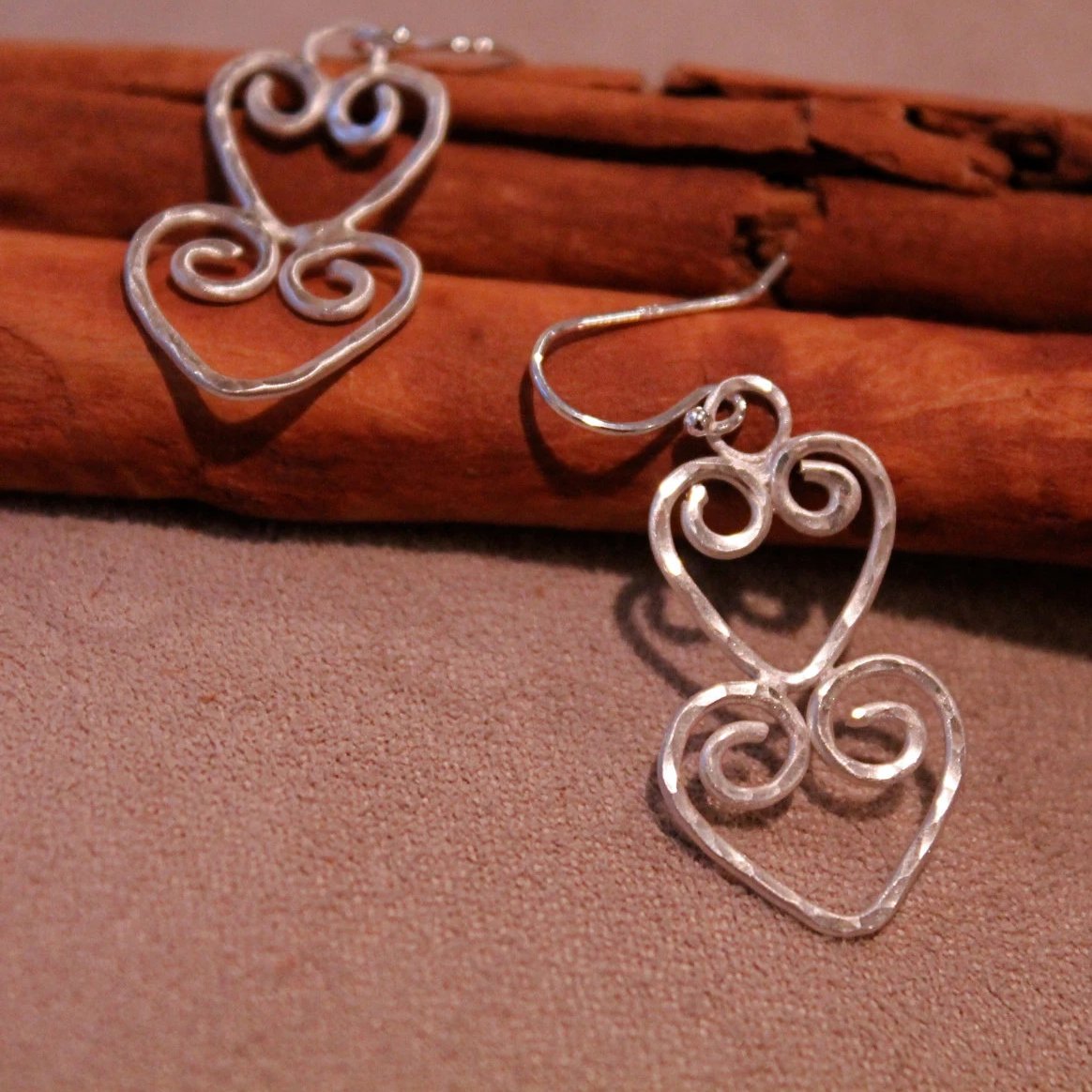Swirly Double Heart Hammered Sterling Silver Earrings