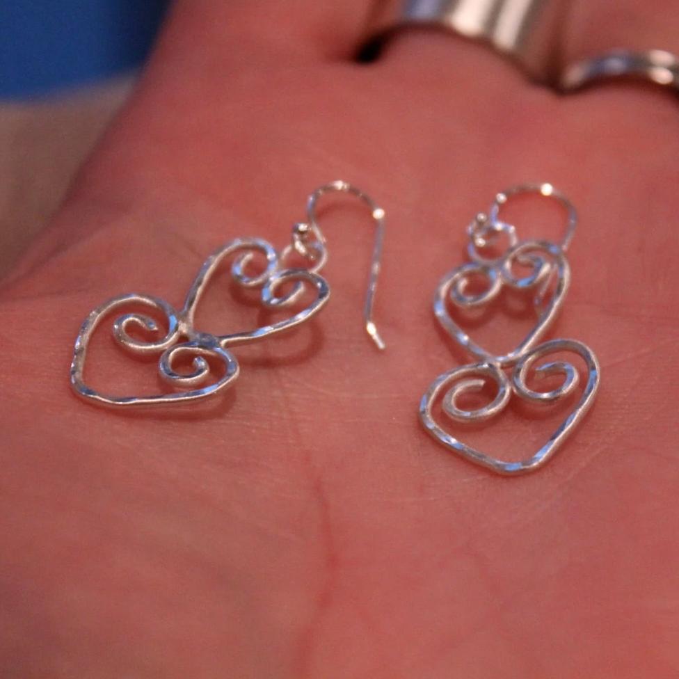 Swirly Double Heart Hammered Sterling Silver Earrings