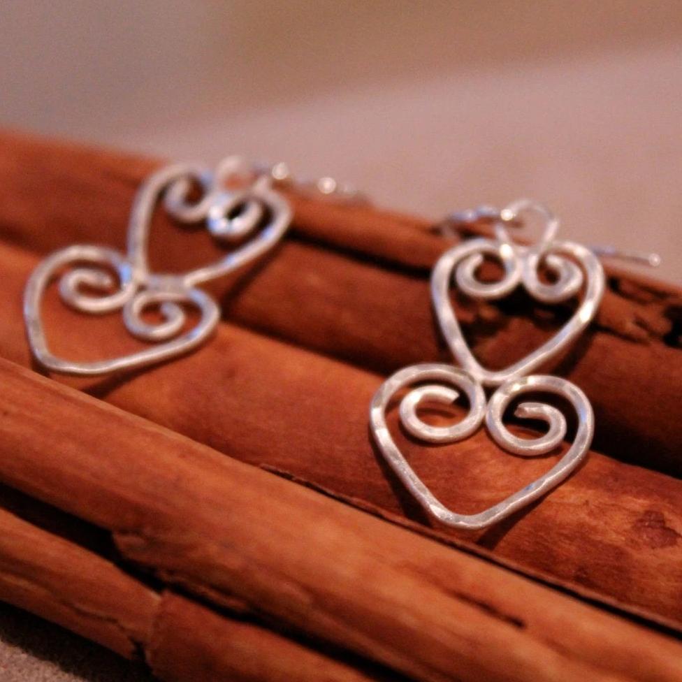 Swirly Double Heart Hammered Sterling Silver Earrings