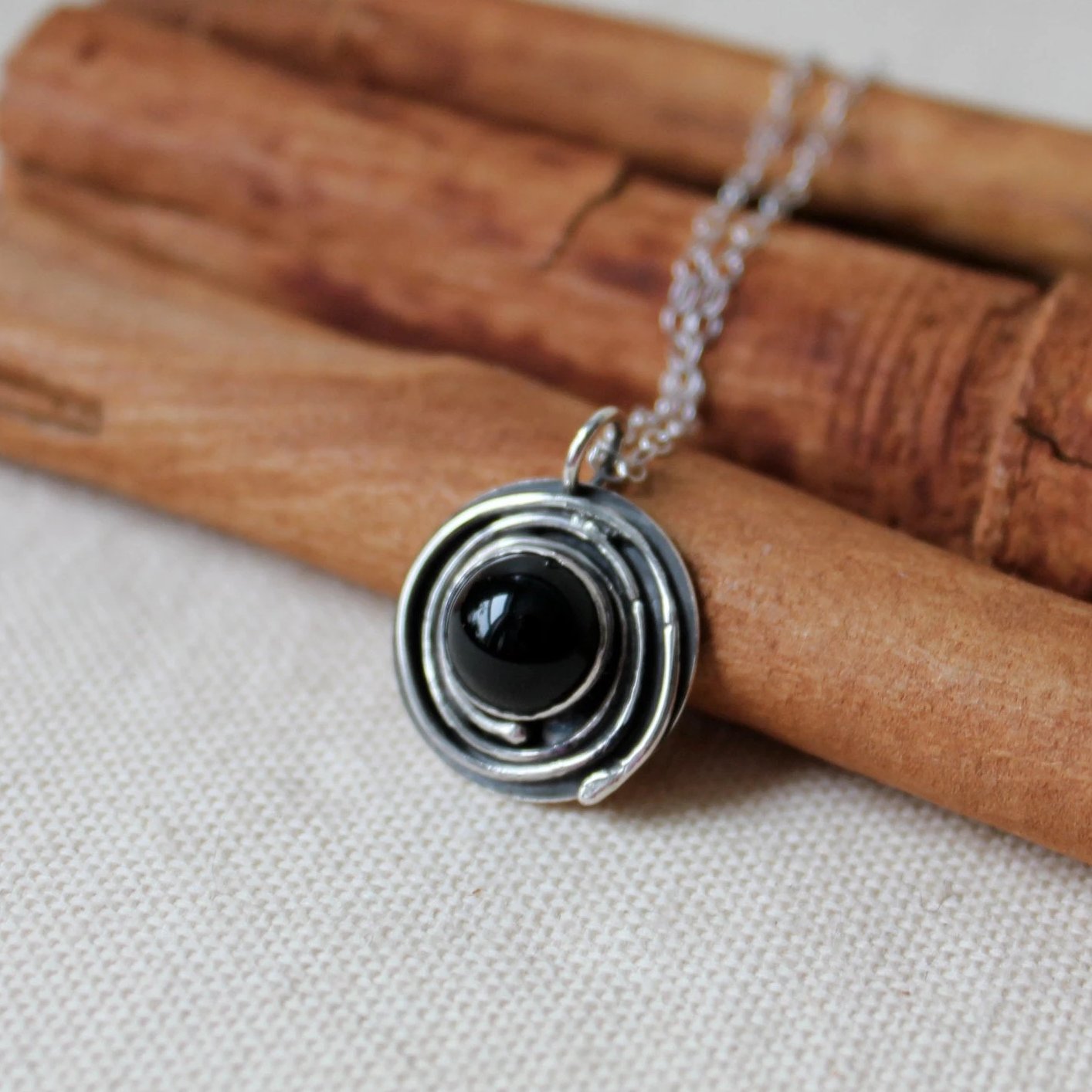 Black Onyx Circle Necklace on silver chain or leather