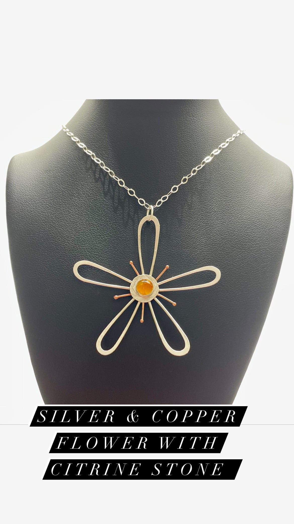 Flower Necklace Mixed Metal Silver and Copper with Stone