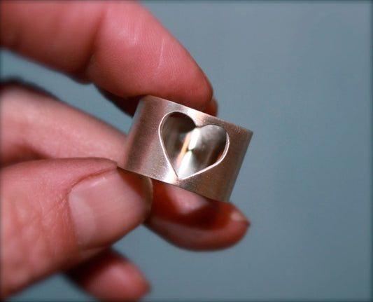 Wide Band with Heart Shaped Cut out in Silver