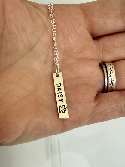 Custom Pet Name with Paw Silver Bar Necklace
