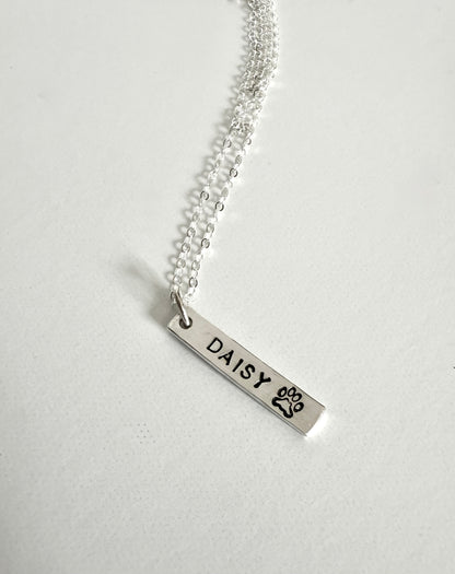 Custom Pet Name with Paw Silver Bar Necklace