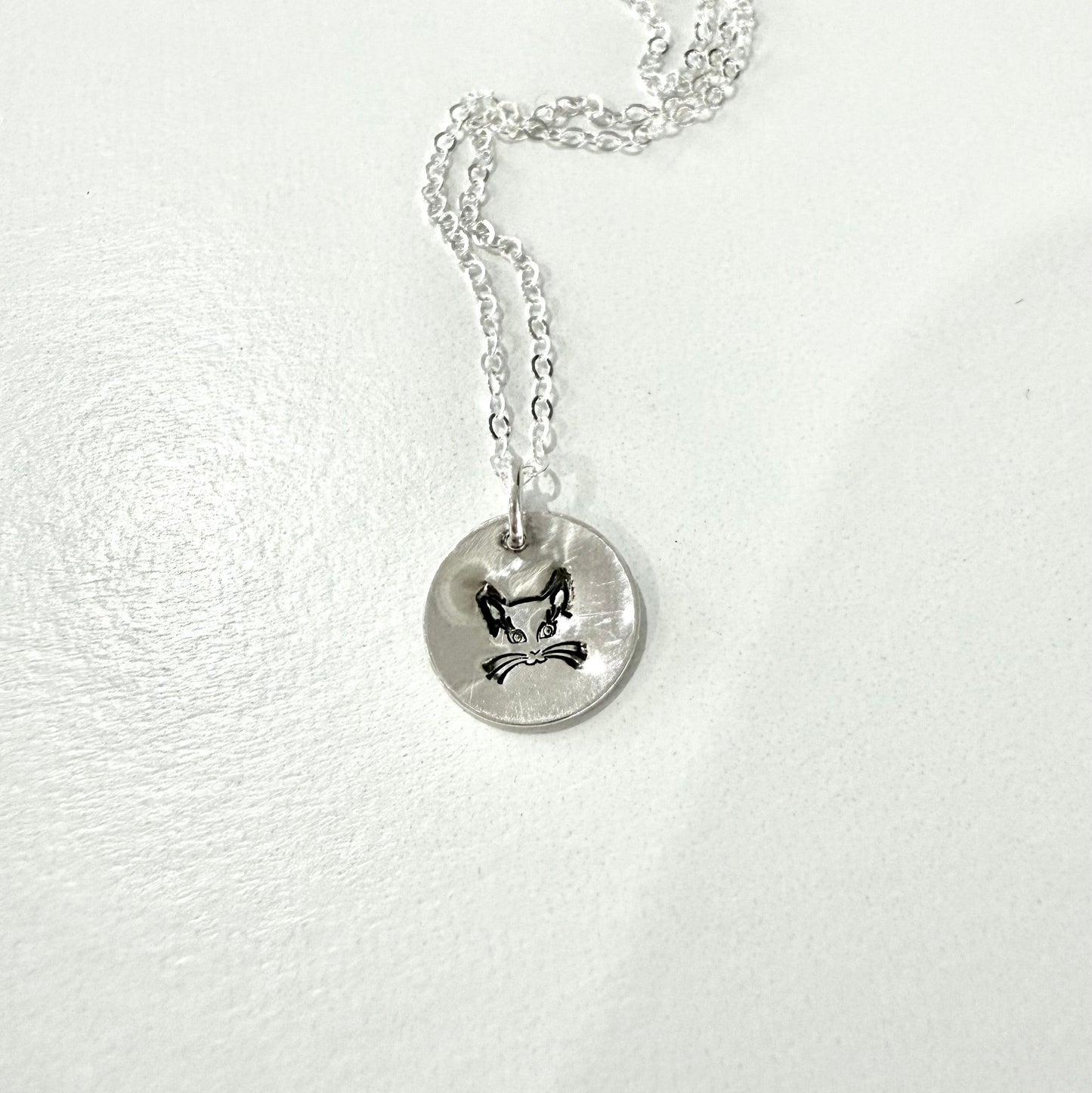 Fancy Cat Face on Sterling Silver Circle Necklace