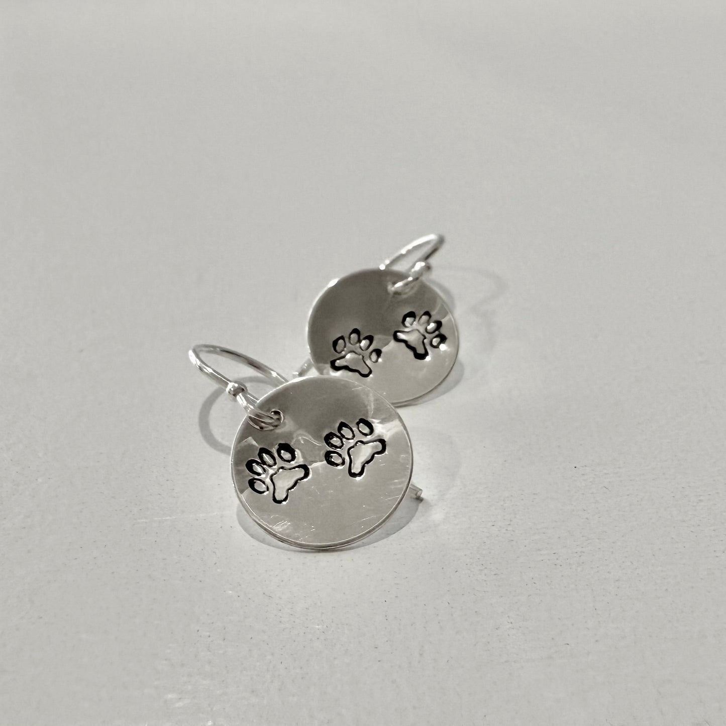 Paw Prints on Silver Circle or Heart Dangle Earrings