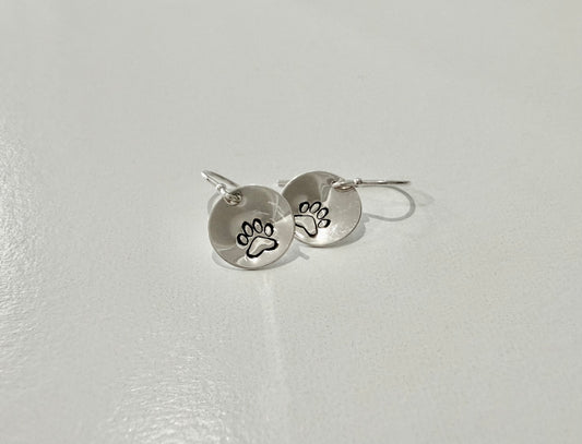 Paw Prints on Silver Circle or Heart Dangle Earrings