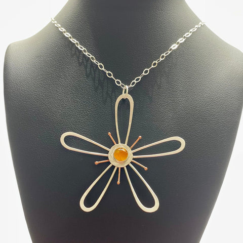 mixed metal silver and copper flower with citrine stone in the center necklace