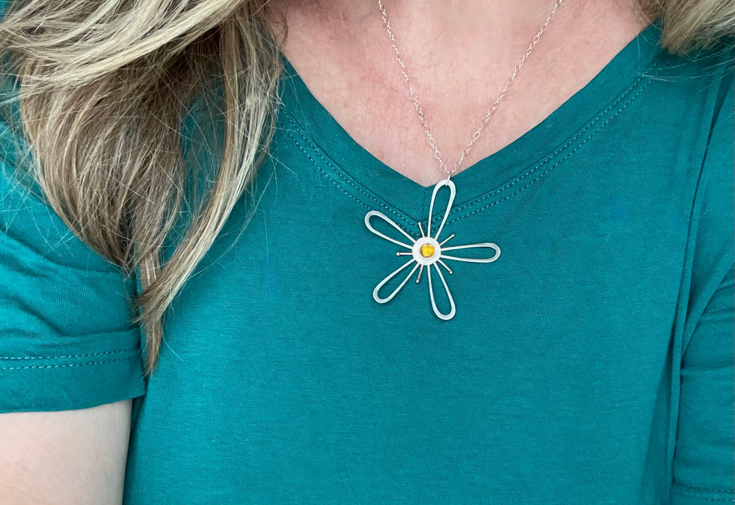 Flower Necklace Mixed Metal Silver and Copper with Stone