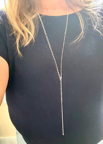 Mixed links chain shown on model as a Y style necklace