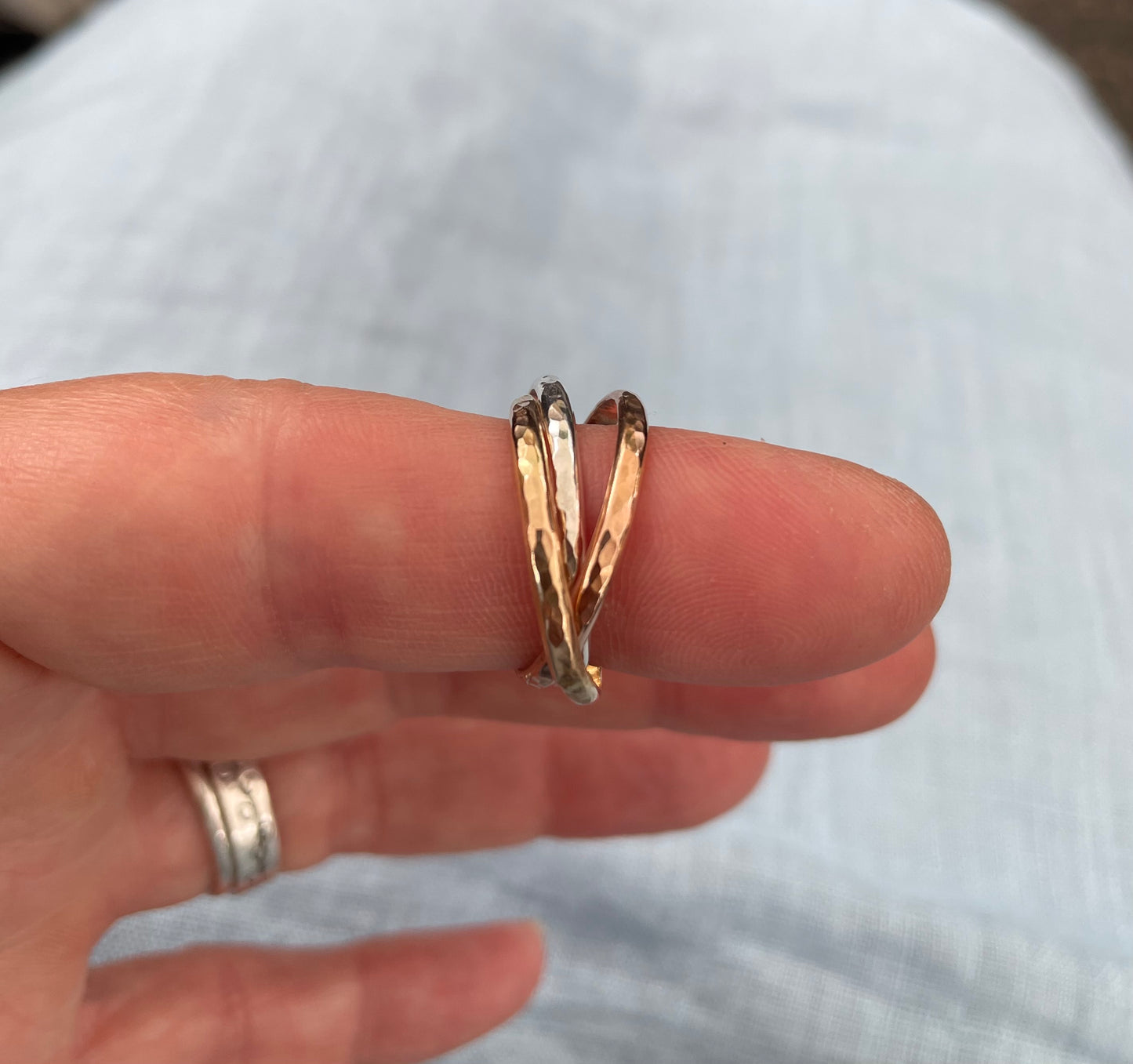 Triple Ring Hammered Mixed Metals Yellow Gold Filled, Rose Gold Filled and Silver Roll on Fidget Ring
