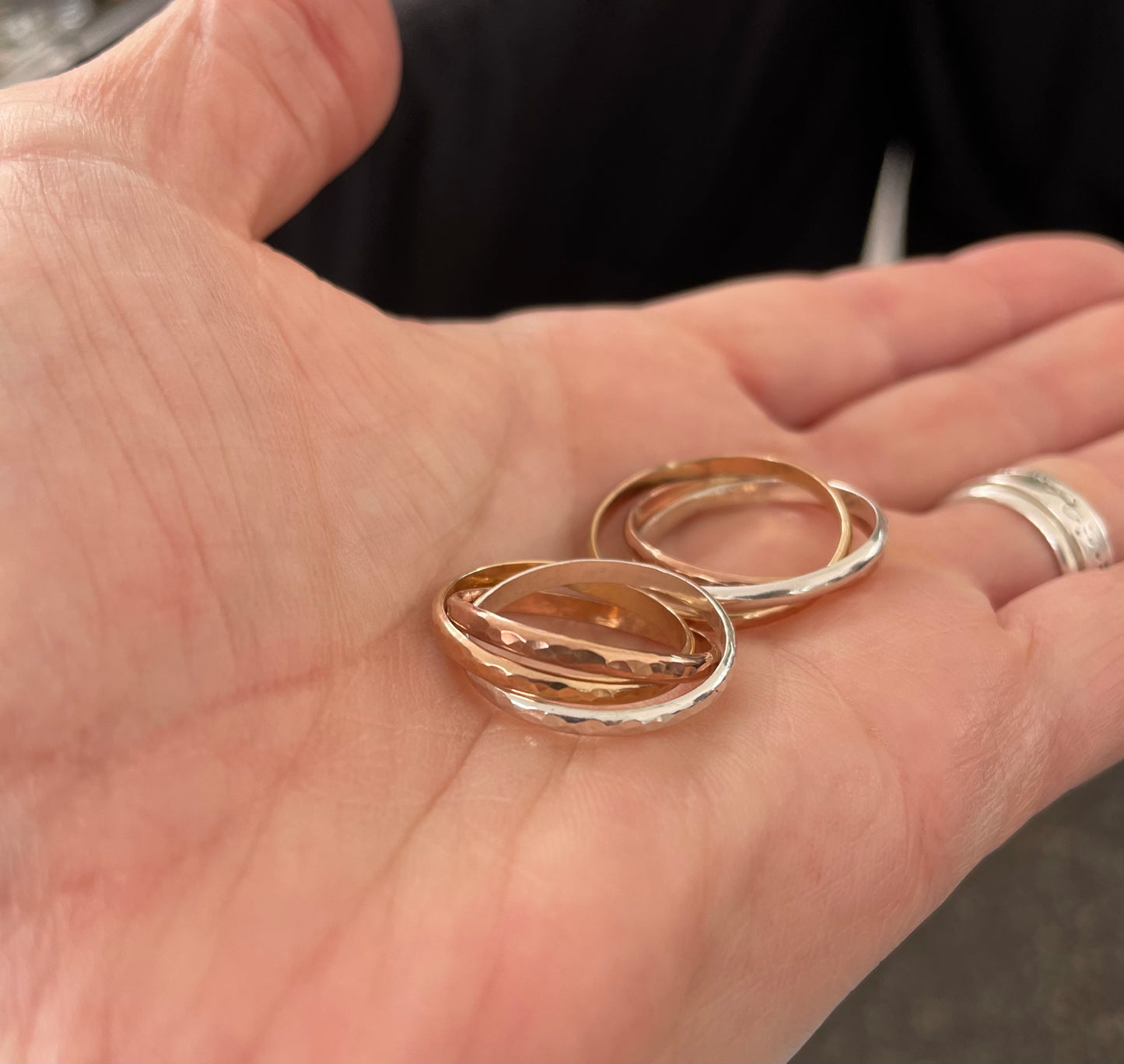 Triple Ring Hammered Mixed Metals Yellow Gold Filled, Rose Gold Filled and Silver Roll on Fidget Ring