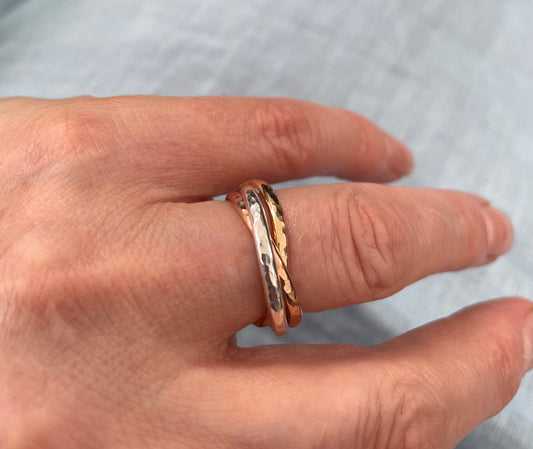 Triple Ring Hammered Mixed Metals Yellow Gold Filled, Rose Gold Filled and Silver Roll on Fidget Ring