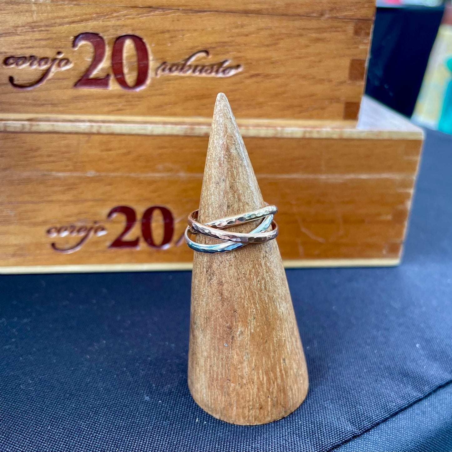 Triple Ring Hammered Mixed Metals Yellow Gold Filled, Rose Gold Filled and Silver Roll on Fidget Ring