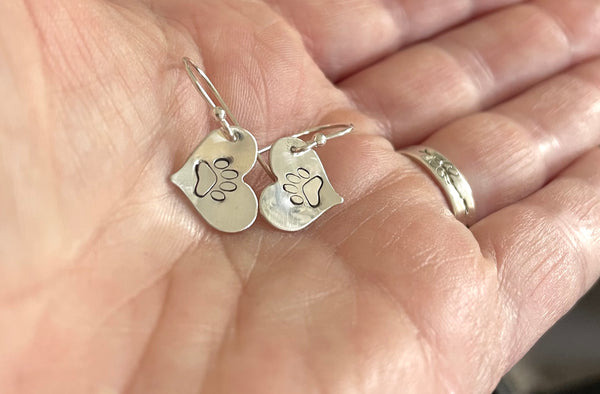 Paw Print on Silver Heart or Circle Earrings