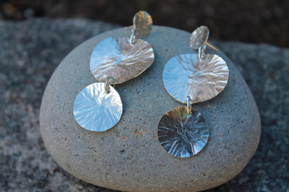 Double Circle Textured Earrings in Sterling Silver, Lightweight 2" Long
