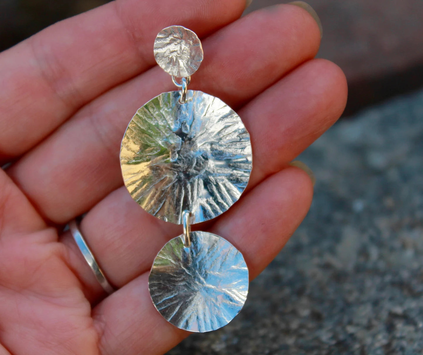 Double Circle Textured Earrings in Sterling Silver, Lightweight 2" Long