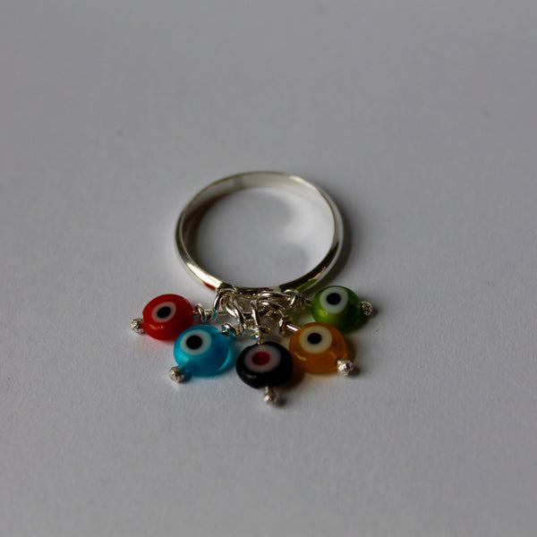Evil Eyes Dangle Ring - Protection Amulet - Blue Evil Eyes - Multi - Rainbow- Red - White - Black - Sterling Silver 