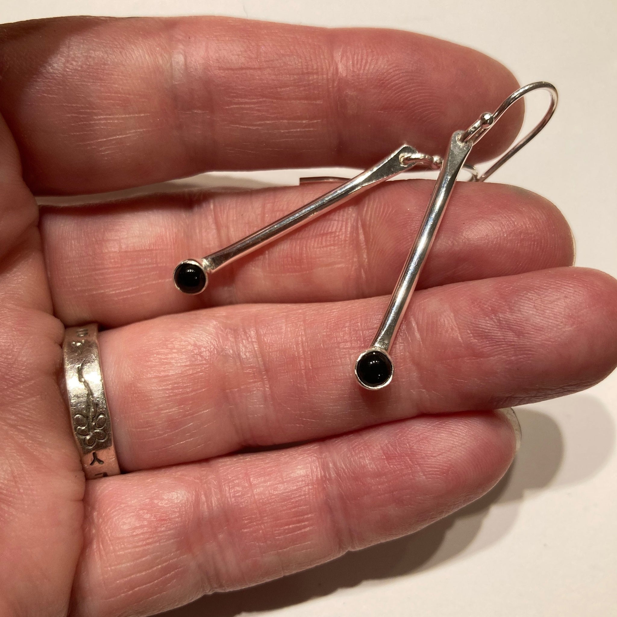 Onyx Thick Silver Stick Earrings
