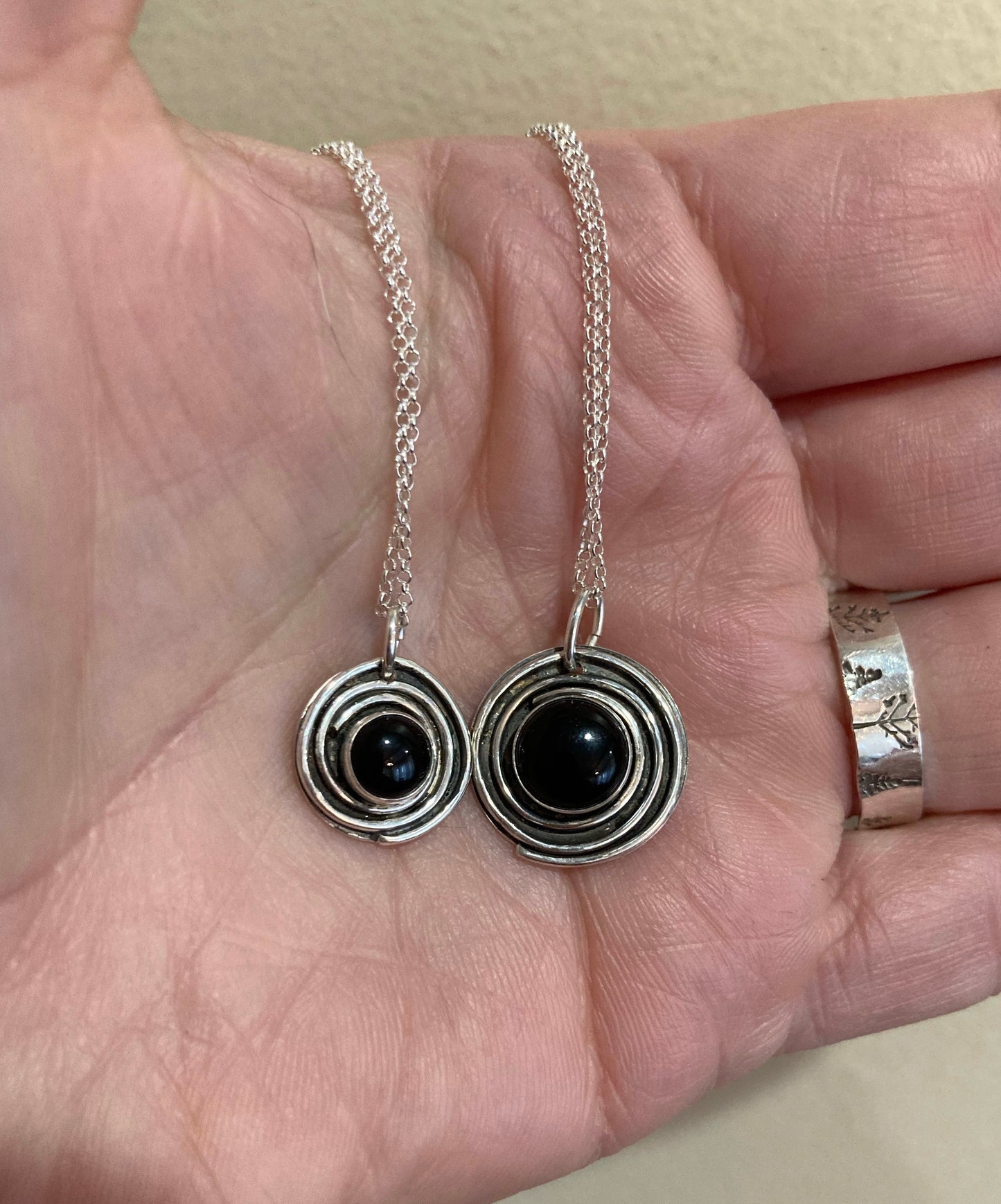 Black Onyx Circle Necklace on silver chain or leather