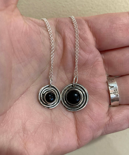 Black Onyx Circle Necklace on silver chain or leather