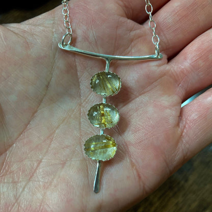 Rutilated Quartz three stone necklace