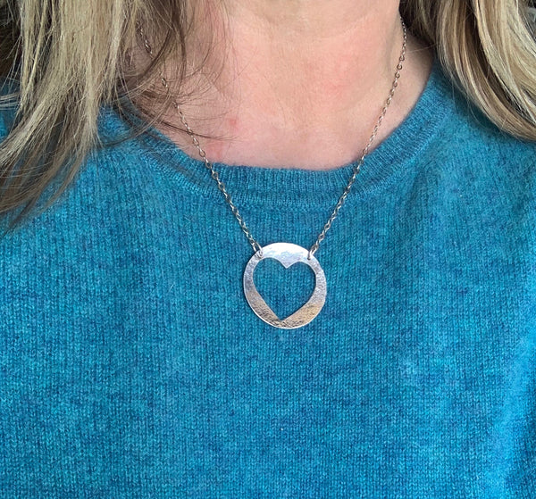 Open Heart Circle Necklace in Silver