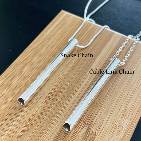 Breathing Tube necklaces labeled with snake chain or cable link chain to show styles