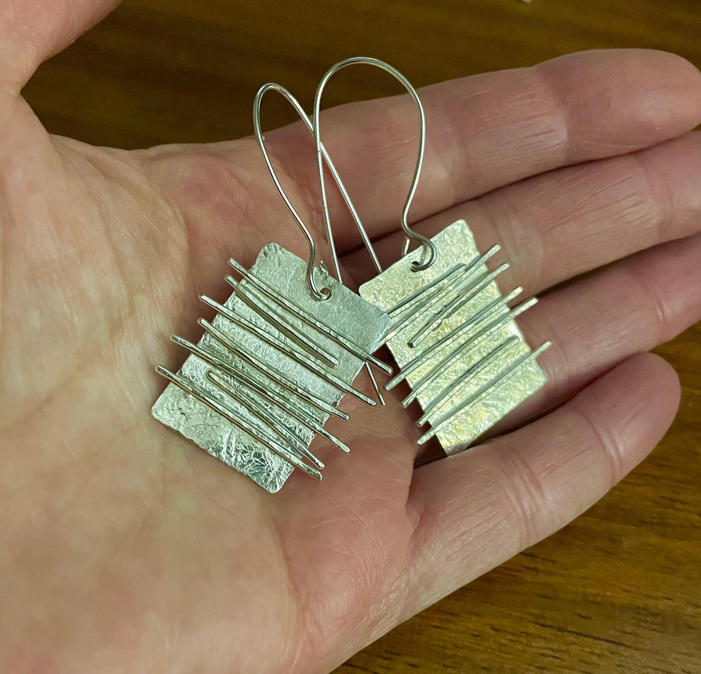 Rectangle with High Relief Lines Rustic Earrings in Sterling Silver