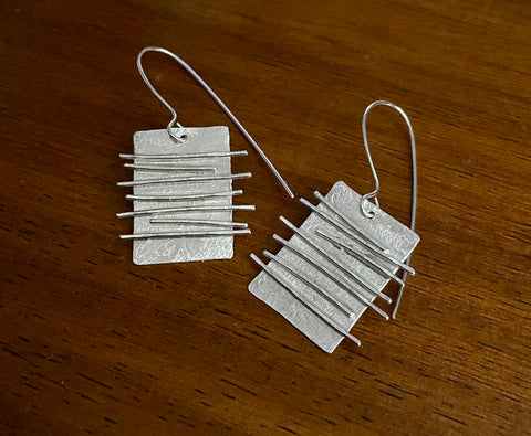 Rectangular with High Relief Lines Rustic Earrings in Silver