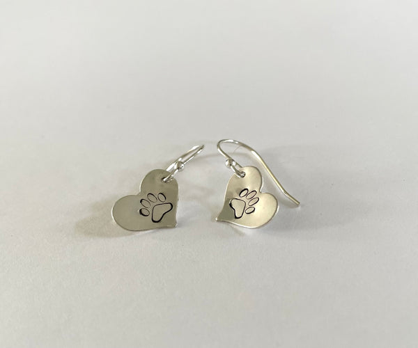 Paw Print on Silver Heart or Circle Earrings