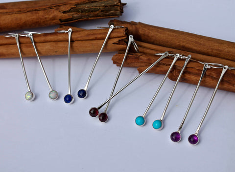 Long Silver Stick with Stone Earrings