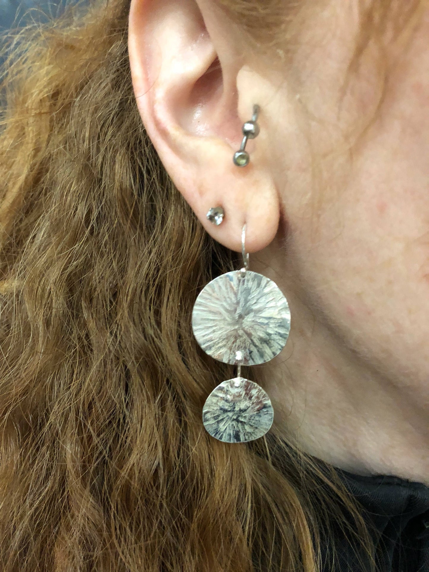 Double Circle Textured Earrings in Silver