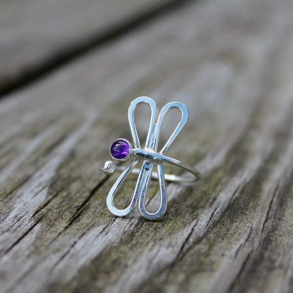 Silver Dragonfly Ring Adjustable With Stone