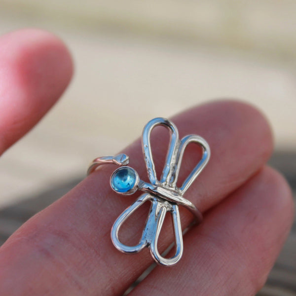 Silver Dragonfly Ring Adjustable With Stone