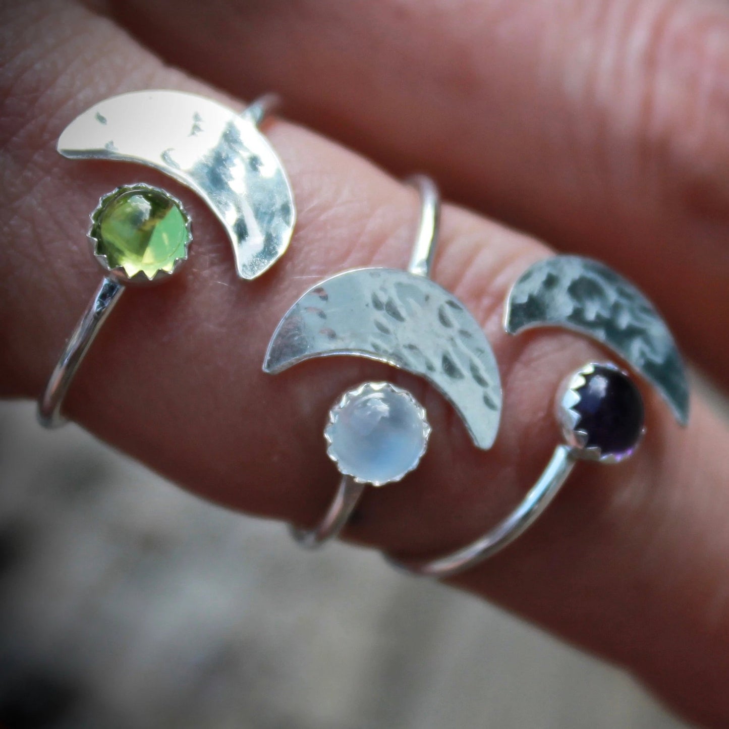 Moon Ring with Stone in Silver adjustable