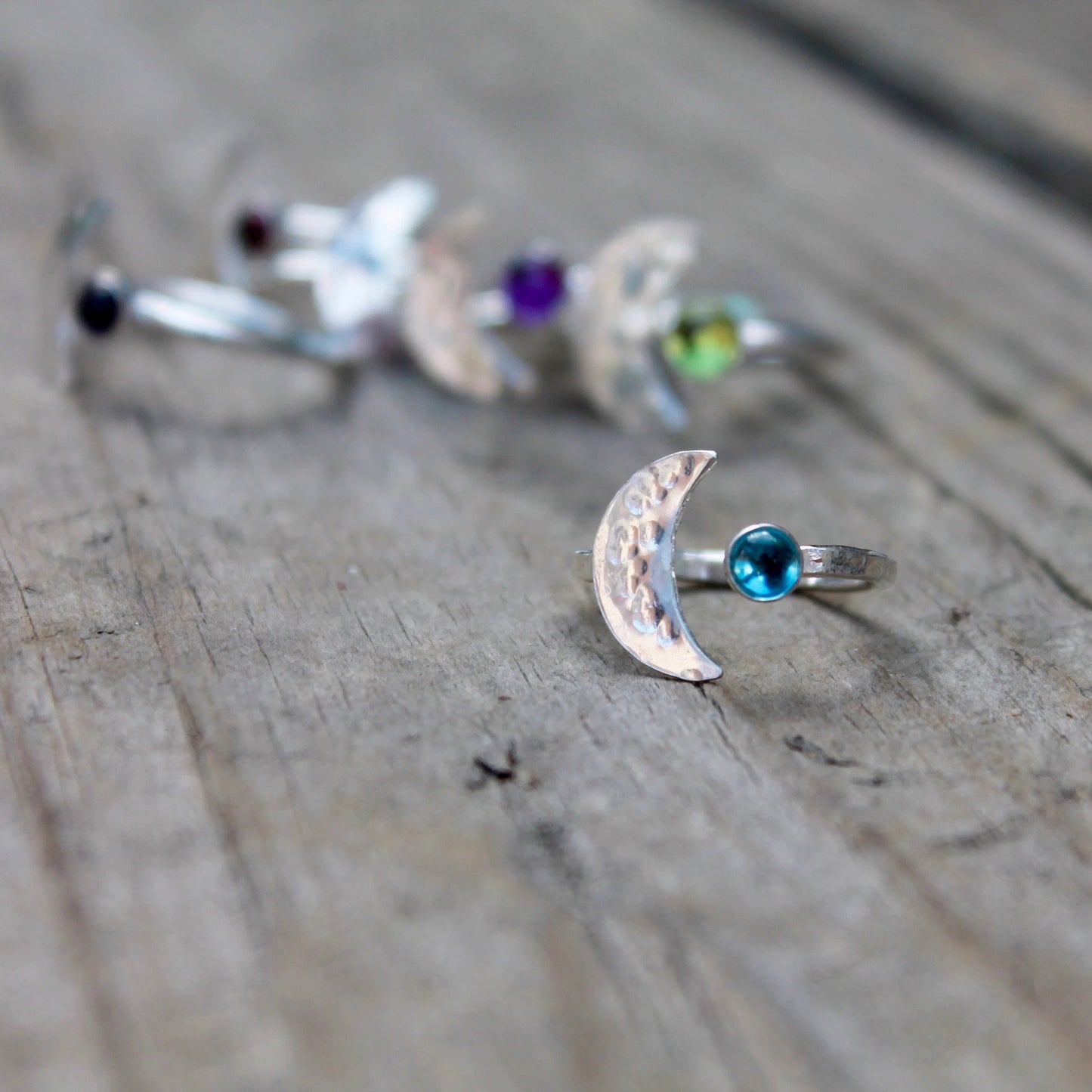 Moon Ring with Stone in Silver adjustable