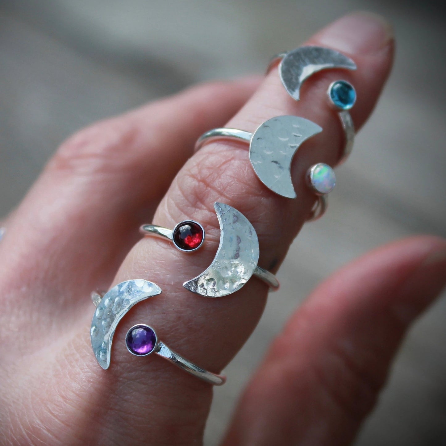 Moon Ring with Stone in Silver adjustable