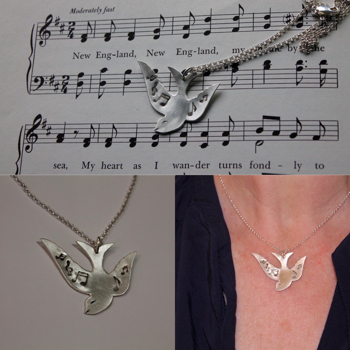 Songbird Bird With Musical Notes Necklace In Sterling Silver