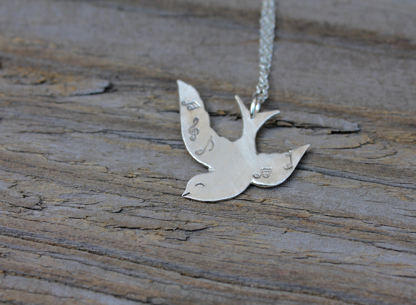 Songbird Bird With Musical Notes Necklace In Sterling Silver