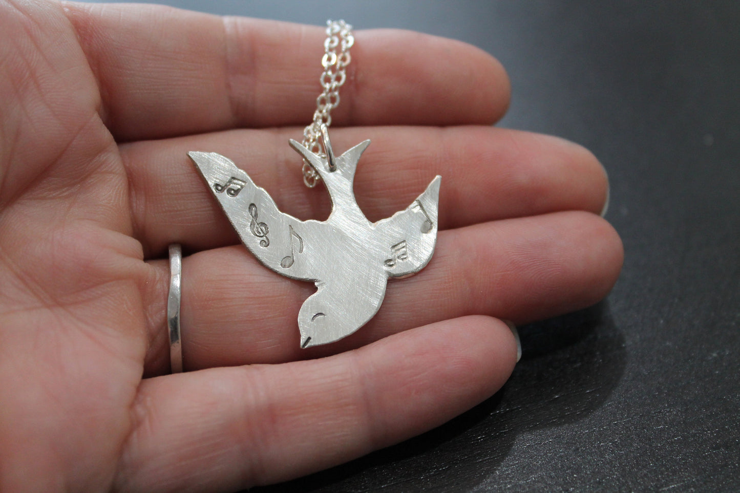 Songbird Bird With Musical Notes Necklace In Sterling Silver