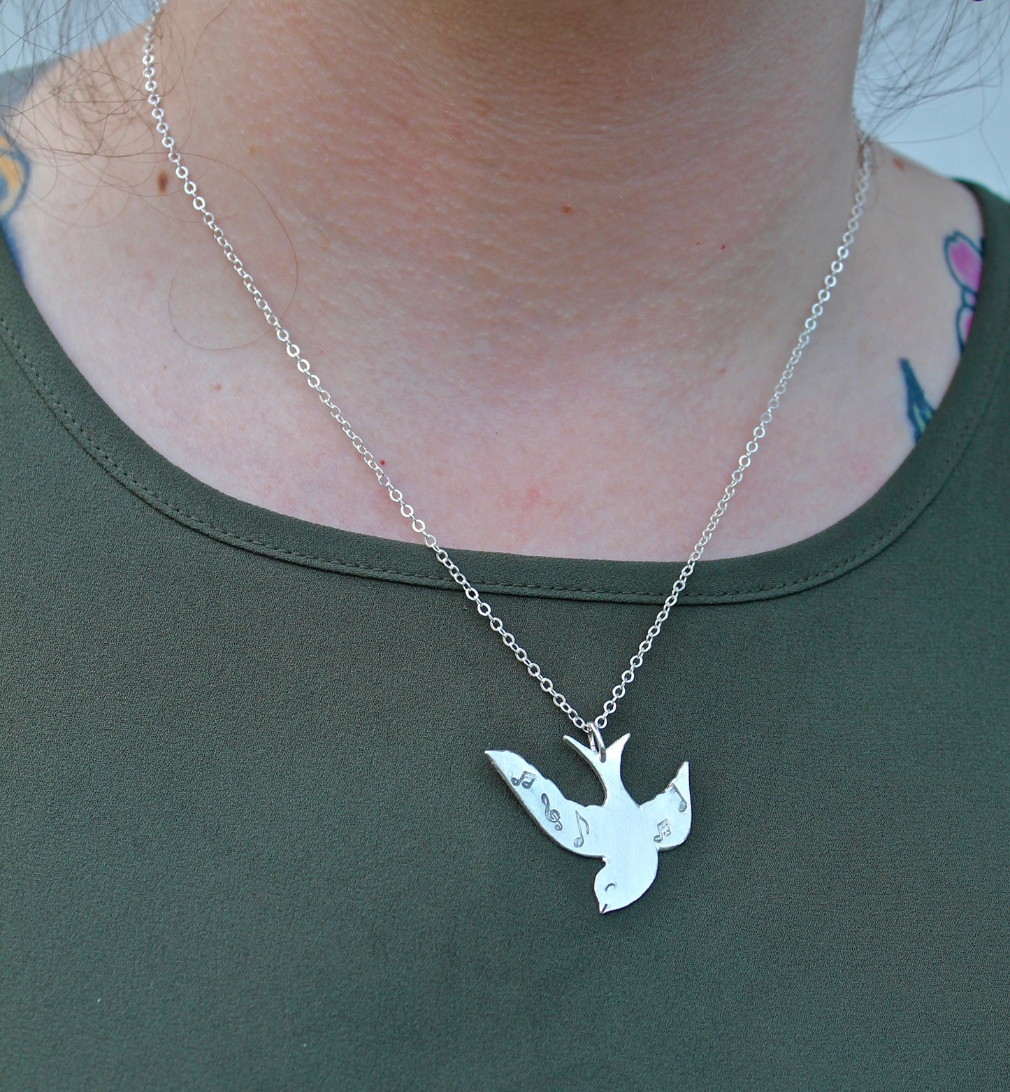 Songbird Bird With Musical Notes Necklace In Sterling Silver