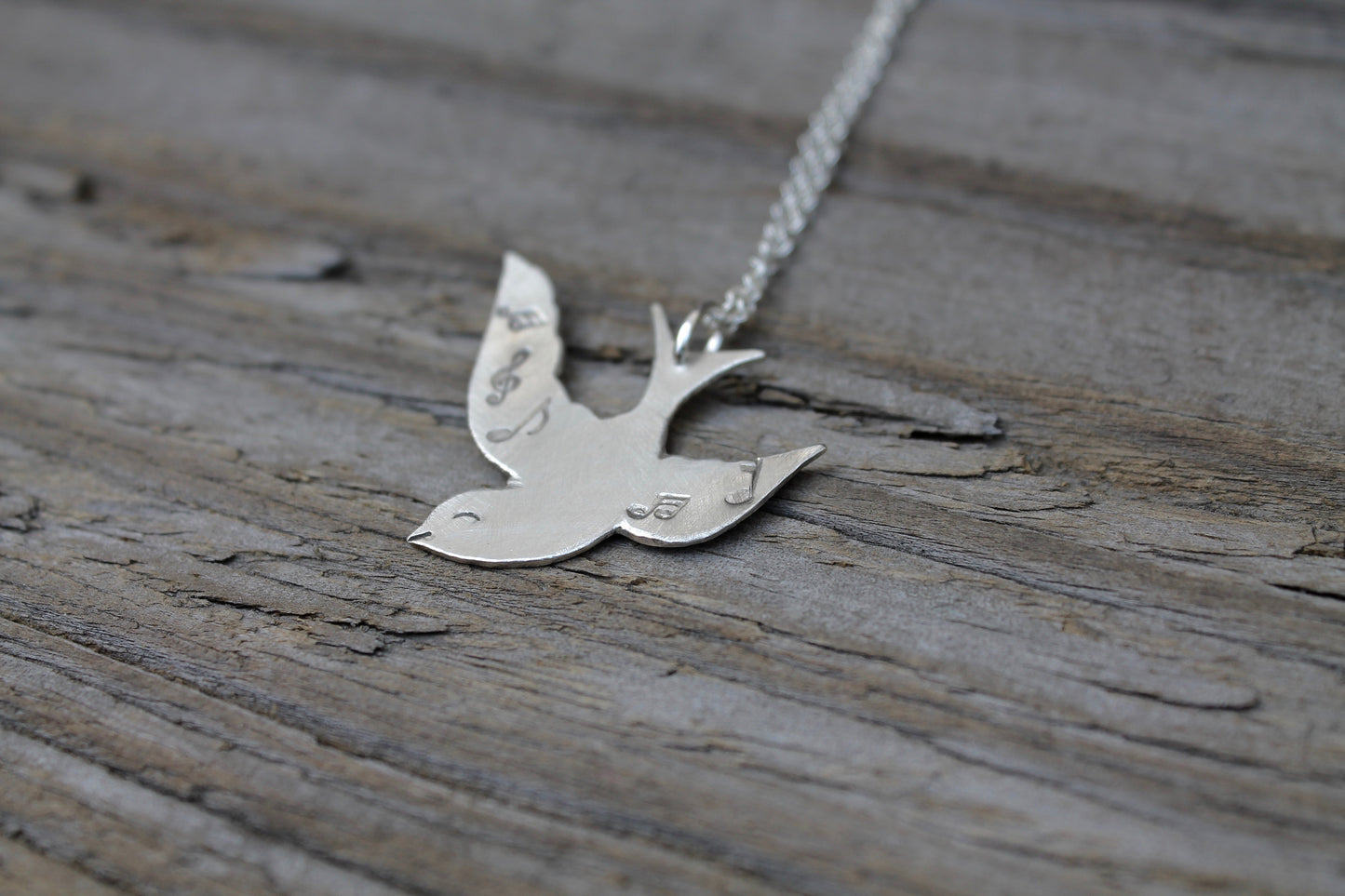 Songbird Bird With Musical Notes Necklace In Sterling Silver