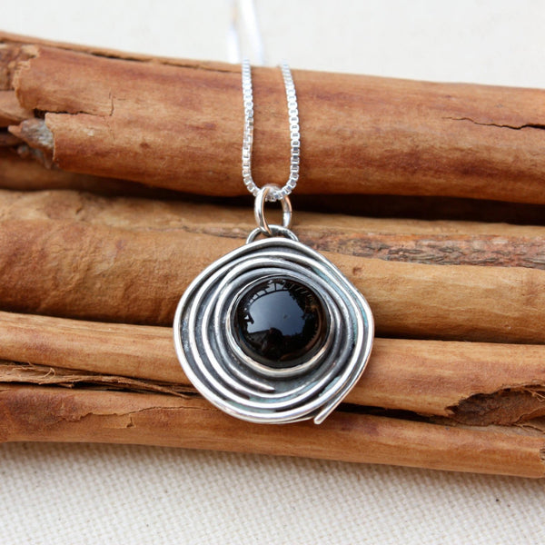 Black Onyx Circle Necklace on silver chain or leather